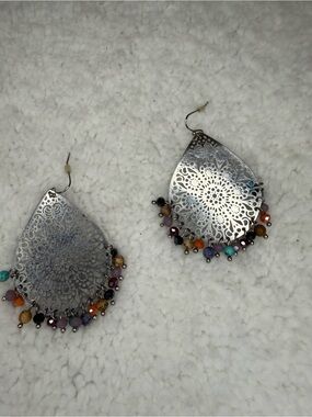 Bohemian Silver Filigree Teardrop Earrings with Multicolor Beads